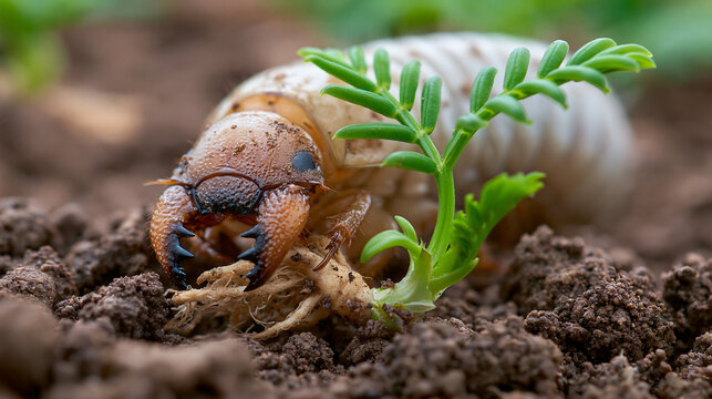 Extreme close up of a beetle larva grub crawling on fertile soil dirt next to a green sprout.