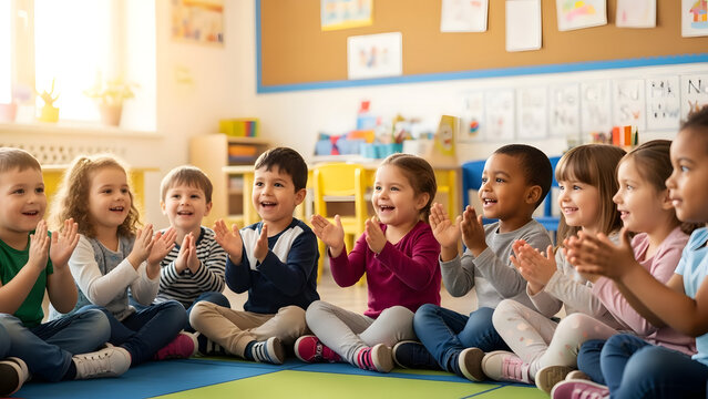 Diverse children clapping hands in classroom, happy learning and fun activity