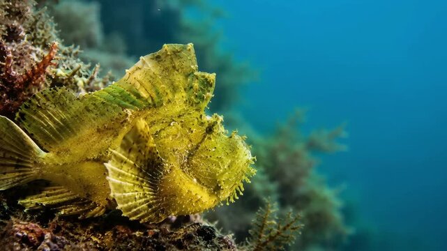 Yellow scorpion fish swimming among coral in a clear ocean  