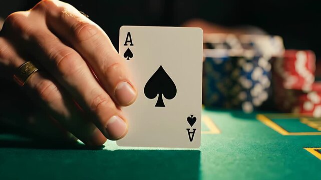 Man holding Ace of Spades card on green felt gambling table. Stacks of colorful casino chips sit in the background. Luxury gambling concept for high stakes poker and betting ads.