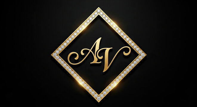 Gold and diamond-encrusted monogram logo inside a diamond-shaped frame on black background.