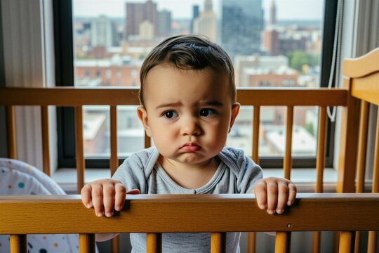 Baby stands in crib looking bored inside room. Toddler with sad face holds wooden bars, ignoring city view from window. Little kid wants to play outside.