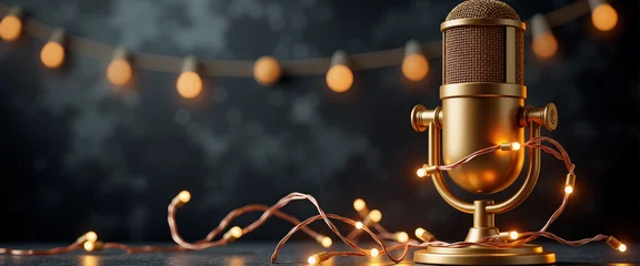 Vintage microphone with warm garland lights for Fete de la Musique celebration posters © Vladimir