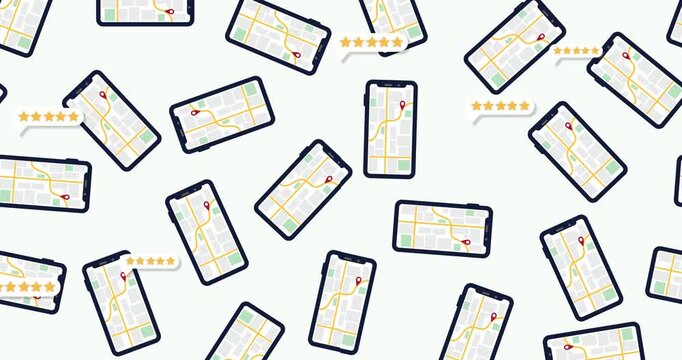 Seamless pattern background of numerous smartphones displaying city navigation maps with GPS route tracking and five star rating notification bubbles for digital services.