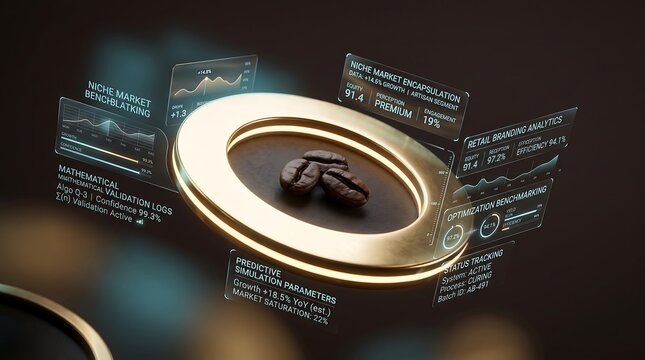 Coffee beans rest inside a golden ring while futuristic holographic data charts float in the air to visualize complex market analysis and predictive agricultural simulation metrics for trade.