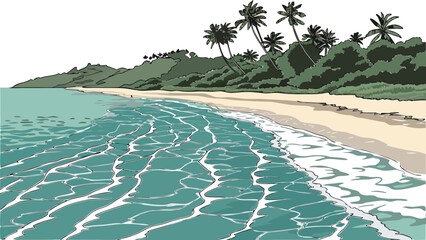 A tropical coastline with palm trees and turquoise ocean waves hitting the sandy beach in a stylized style © Template store 