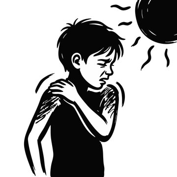 Child with sunburned shoulder wincing under hot sun. Summer skin damage concept. Black and white vector illustration