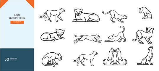 Lion outline icon set, minimalist wild cat vector illustrations, 50 line art lioness and predator symbols for logo design and branding © Bilal