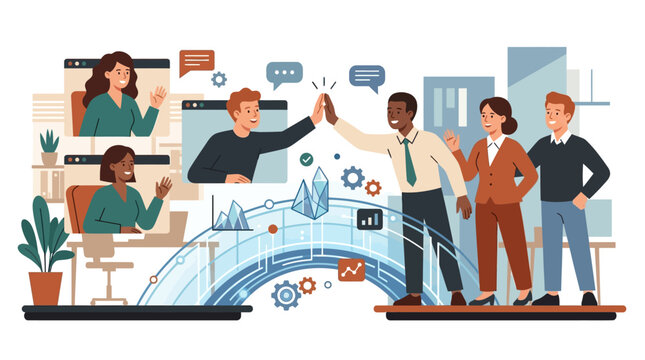 Hybrid Work Team High-Five Illustration Connecting Remote and Office Colleagues