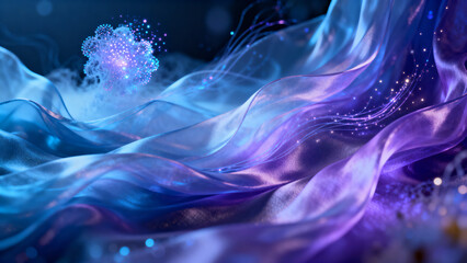 Obraz premium A premium render of flowing silk fabric that dissolves into a cloud of tiny bio-luminescent spores and particles, ethereal and organic abstract motion