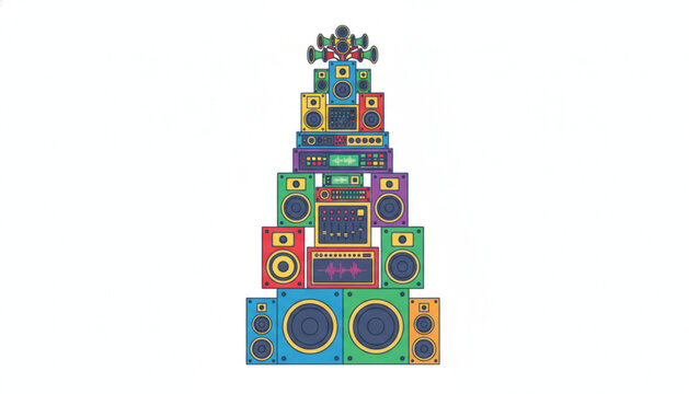 Holiday music celebration concept featuring a tree structure built from various audio equipment and speakers in a colorful graphic style.