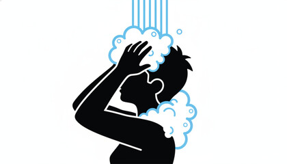 Naklejka premium Black silhouette of a person washing their hair with soap suds and water streams flowing over their head in a simple graphic illustration.