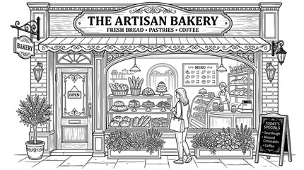 Fototapeta premium Artisan Bakery Facade with Fresh Bread, Pastries, and Coffee