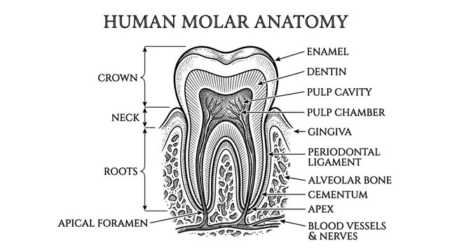 Human Molar Tooth Anatomy Diagram: Crown, Neck, Roots, Enamel, Dentin, Pulp