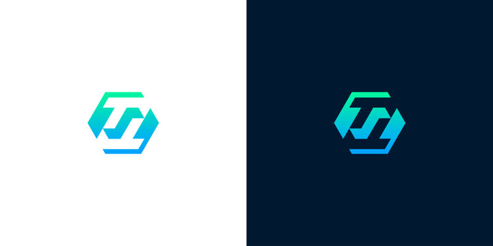 Modern abstract geometric hexagon logo design with futuristic gradient effect on white and dark backgrounds