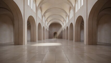 Obraz premium Hallway featuring vaulted stone arches creates a grand interior space illuminated by a single concentrated sunbeam.