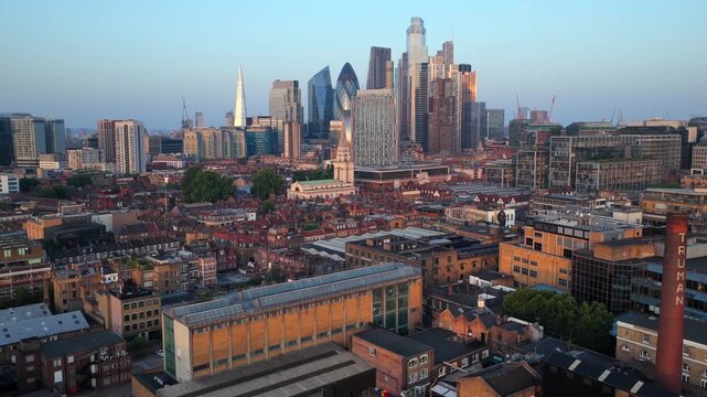 Aerial video over Spitalfields and Truman Brewery toward City of London Skyline