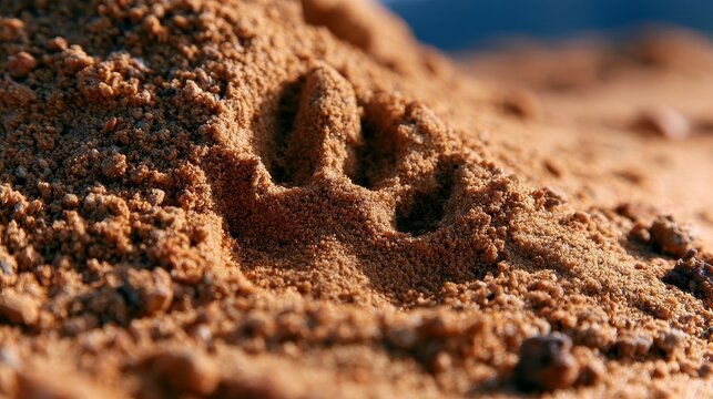 A detailed anthill in sandy soil with a single claw mark.