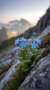 Cluster of small blue flowers growing on a rocky mountain slope at sunset