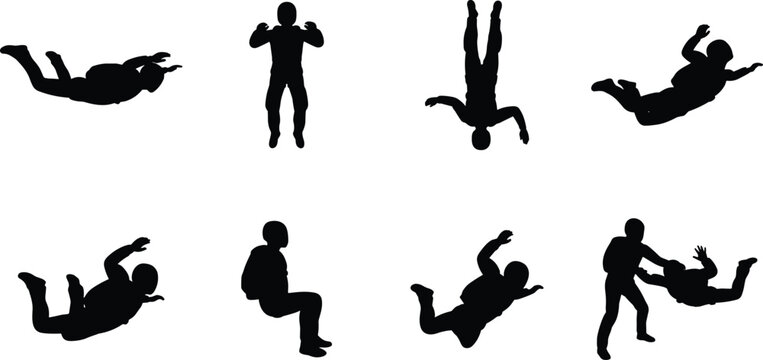Collection of black skydiving silhouettes featuring skydivers in various freefall and parachuting poses for extreme sports