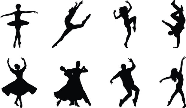 Collection of dance silhouettes featuring ballet performers hip hop dancers ballroom couple and modern dance poses