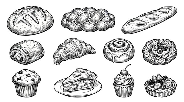 Assorted Baked Goods Collection: Bread, Pastries, Muffins, Pies, and Cakes