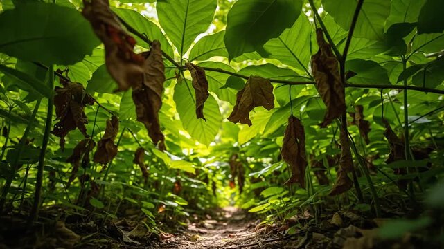 Low angle view of a narrow forest trail path through lush green foliage