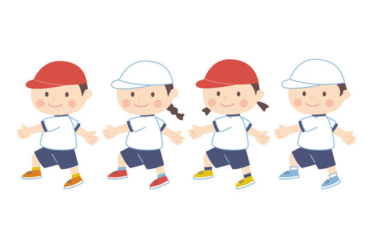 行進する赤組と白組の子どもたちのイラスト