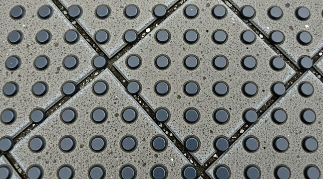 Tactile paving slabs with raised dots provide guidance for visually impaired pedestrians. Square concrete tiles create textured surfaces for urban safety, accessibility. Grey ground tiles assist with