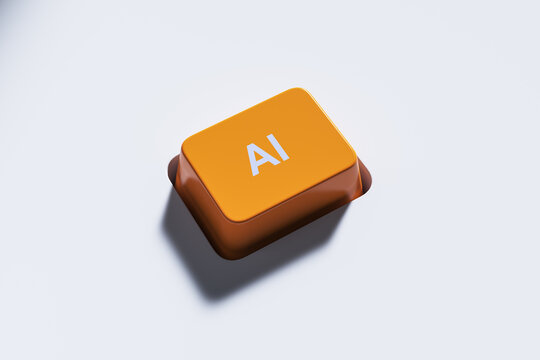Orange AI button key symbol representing artificial intelligence tech concept on light background for future technology design. 3D Rendering