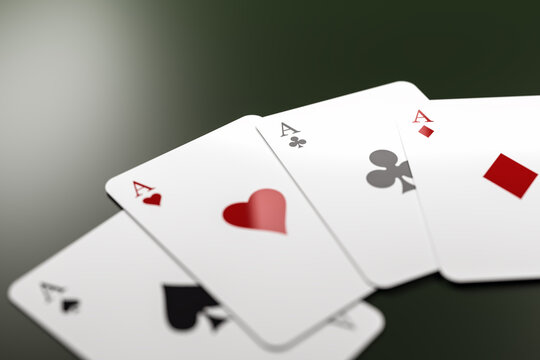 Close-up view of four aces playing cards fanned out on a smooth green tabletop with soft light background illustrating gambling and tabletop aesthetics. 3D Rendering
