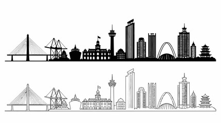 Obraz premium City Skyline Silhouette, Landmark Buildings, Bridge, Graphic