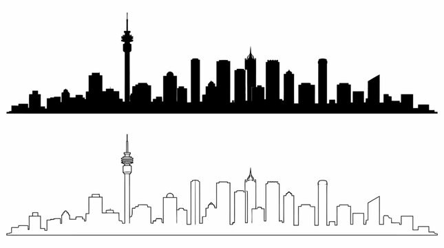 Johannesburg city skyline silhouette in solid and outline styles