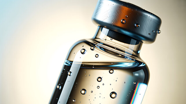 Glass vial with liquid and bubbles a close up photographic rendering with a blurred background bottle container medicine