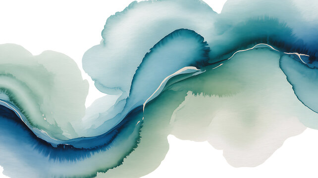 Abstract watercolor paint flow with blended teal and light green hues on a white background azure cerulean turquoise
