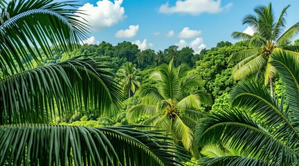 Fototapeta premium Lush green tropical jungle with tall palm trees under a bright blue sky with scattered clouds. Dense forest foliage creates a vibrant, natural landscape scene. Sunlight filters through the leaves.