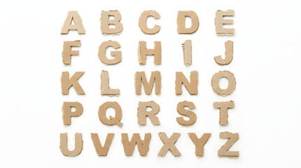 Naklejka premium Wooden Alphabet: A set of wooden alphabet blocks, spelling out the entire English alphabet from A to Z, neatly arranged in rows against a clean white backdrop.