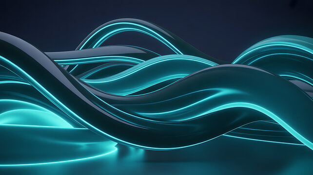 Abstract wavy lines with teal illumination a 3d rendered background with dark shadows curves turquoise cyan glow light