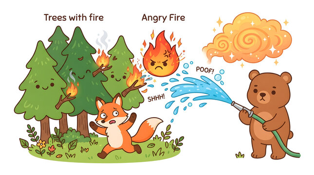 Forest Fire Brigade: A cartoon bear bravely battles an angry fire with a water hose, while a scared fox flees from burning trees in a whimsical forest scene.