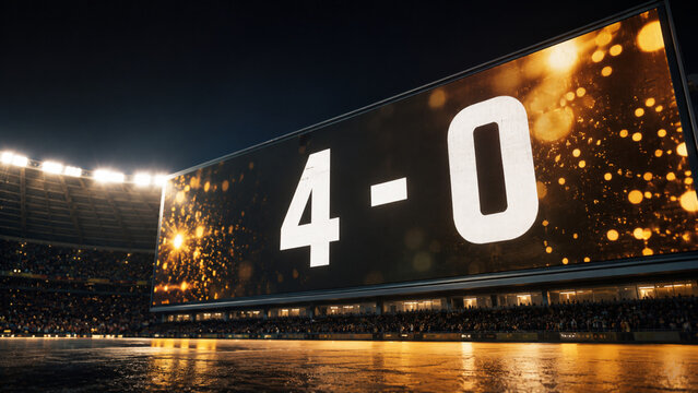 Giant stadium video wall displaying a four to zero final match victory score in bold white numbers