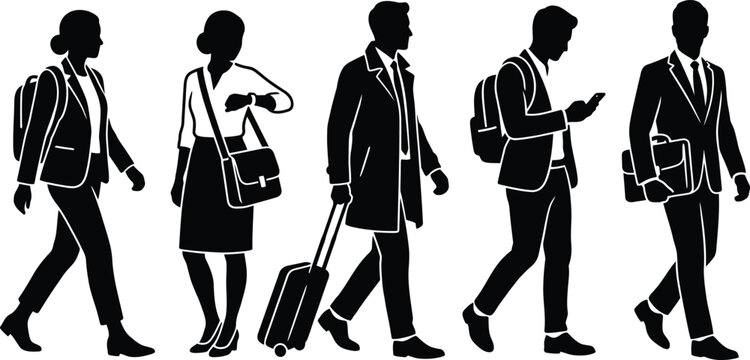 Professional business people commuting with backpacks, briefcases, smartphones, and travel luggage, representing modern corporate lifestyle, mobile workforce, productivity, and workplace mobility