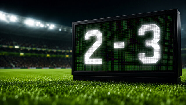 High definition stadium electronic scoreboard displaying a two to three final score in bright white numbers