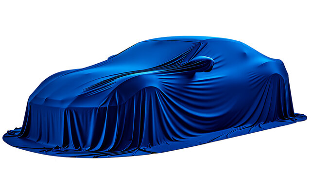 Car Covered With Blue Fabric Against White Background Automotive Presentation Rendering automobile vehicle transportation auto covering drape cloth