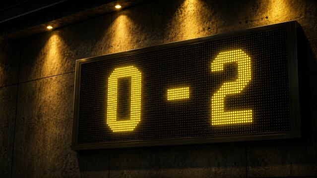 Premium stadium LED panel displaying a zero to two score in crisp golden yellow digital numbers