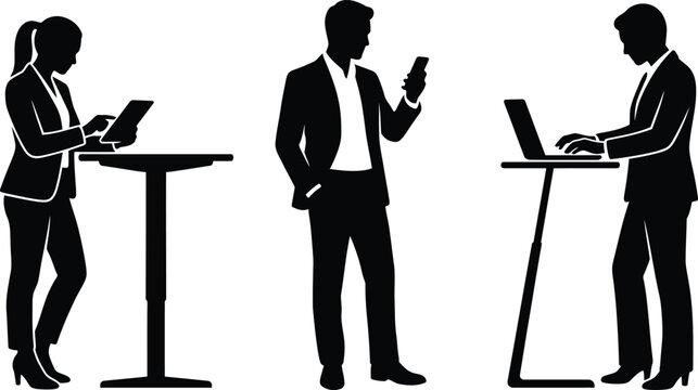 Professional business people using smartphones, tablets, and laptops at standing desks, representing modern workplace technology, digital communication, productivity, and flexible office work