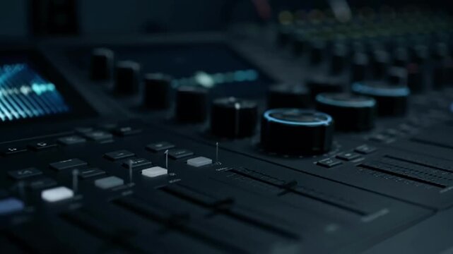 Close-up of a professional audio mixing console with illuminated controls