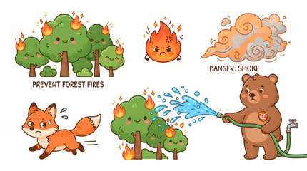 Fototapeta premium Forest Fire Prevention Cartoon: A charming collection of illustrations depicting the dangers of forest fires, featuring cute cartoon animals and trees, with one bravely fighting the flames.