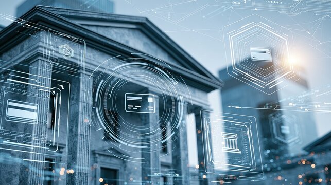 Banking innovation digital payments financial technology consumer trust economic modernization focus on fintech evolution theme futuristic Manipulation smart banking headquarters backdrop. 