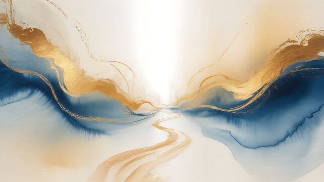 Abstract watercolor back with golden and blue fluid shapes on a white background gold ink wash texture paint