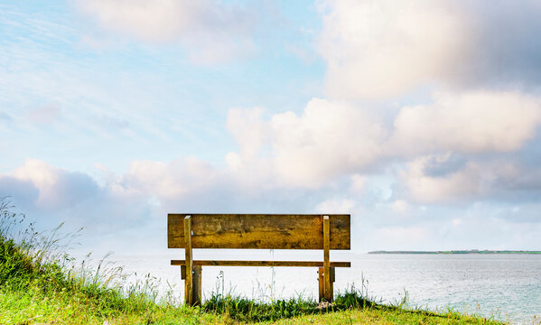 Holzbank an einem Ufer mit Blick zum Wasser